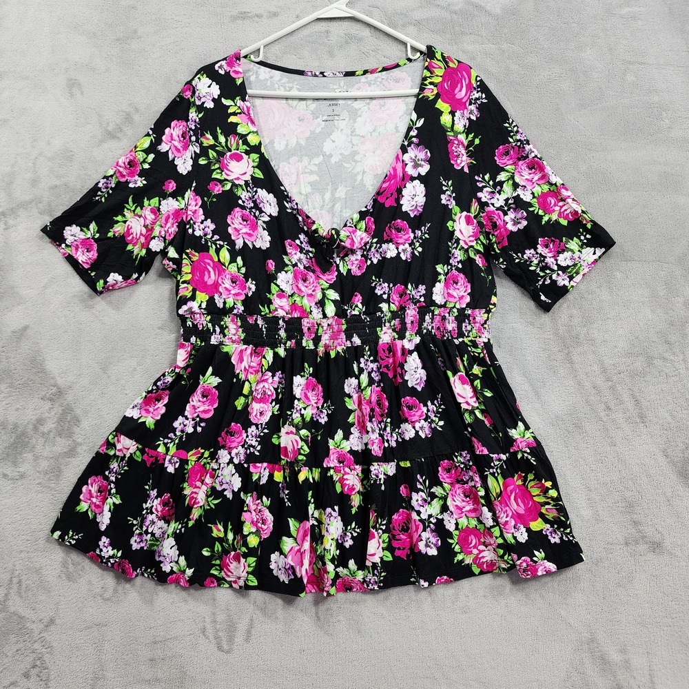 Torrid Top Womens 2X Black Pink Floral Tie Front Babydoll V-Neck Super Soft